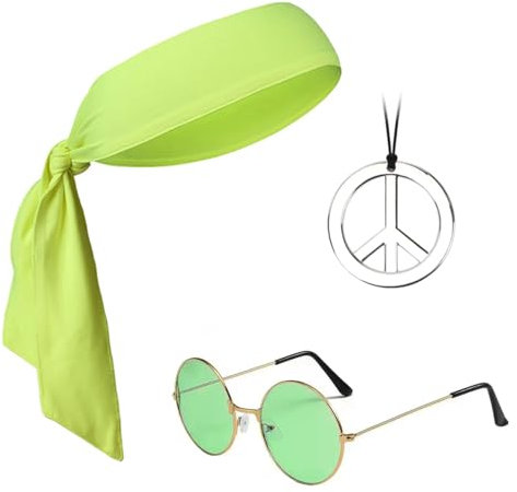 Hippie Accessoires, Hippie Brille + Peace Kette + Hippie Stirnband, Hippie Zubehör, Hippie Kostüm für 60er 70er Jahre Mottoparty Fasching Karneval Halloween A34
