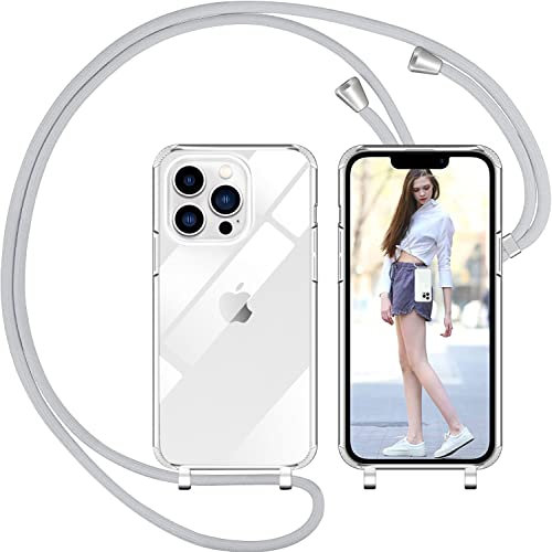 Nupcknn Coque avec Cordon pour iPhone 13 Pro, Transparent Coque Collier Réglable Téléphone Étui Portable Lanyard Case Protection Complète Cover de iPhone 13 Pro Gris Clair(6.1)