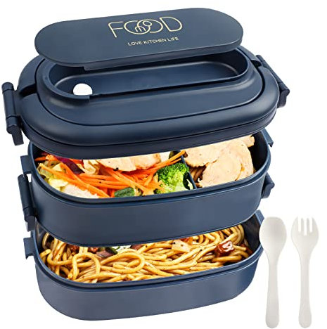 OITUGG Fiambrera 2 Capa - 1550ml Lunch Box - Bento Box con 3 Compartimentos y Cubiertos - Loncheras para Adulto, Diseñado 2 Cierre de Clip, Sin BPA, Microondas, 19.2 x 11.5 x 12cm, Azul