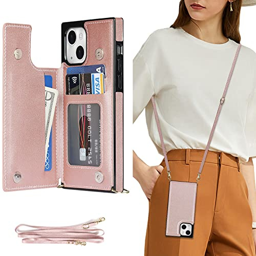 DEFBSC Compatible with iPhone 13 Case, Crossbody Wallet Case, Adjustable Detachable Lanyard Neck Strap with Kickstand Card Holder Premium Leather Protective Back Cover - Rosegold