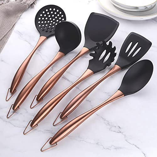 YDware Kitchen Utensil Set, 6Pcs Silicone Cooking Utensils Spatula Turner Heat Resistant Tools, Non-Stick Cookware with Steel Handle Rose Gold