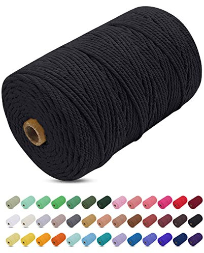 Makramee Garn Schwarz, Uiopa Makramee Garn 3mm x 200m Farbig Baumwollkordel Baumwollseil Geflochten Baumwollgarn Baumwollschnur, 4 Stränge Makramee-Garn für Wandbehang, Hängepflanze, DIY Boho Deko