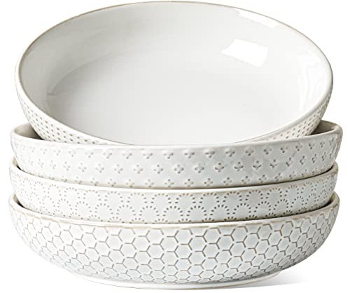 LE TAUCI Cuencos para pasta de 42 onzas, cuenco grande de cerámica en relieve para frutas, fideos, cena, regalo de boda de inauguración de la casa, juego de 4, blanco ártico