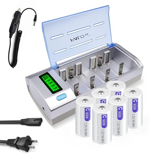 Rechargeable C Batteries with Charger, 6-Pack C Cell Batteries 1.2V NiMH 5000mAh, Universal Battery Charger for C, D, 9V, AA, AAA | Discharge Function | 3 Storage Boxes & Car Charging Cable