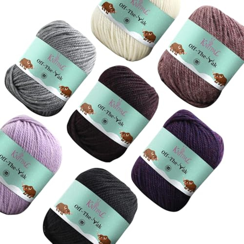 Off-The-Yak Extra Soft and Fluffy Woolen Yarn for Knitting and Crocheting, Heavy Worsted/Aran Weight #4, 25% Yak, 50% Wool, 25% Acrylic, Multicolor Pack of 7 Skeins, 840yds/700g (Purple Pack)
