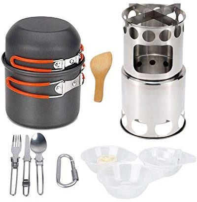 Campingkocher Kochgeschirr für den Außenbereich Kochgeschirr für den Außenbereich Klappbarer Holzofen Campingtopf-Set Schalen Löffel Gabelschneider Geschirr Kochset (Color : A) (A)