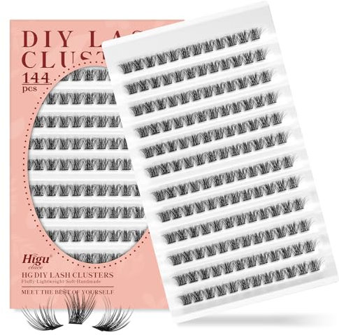 Higu Wimpern Einzeln, 144 Stücke Wimpern Extensions, Wispy D Curl 12mm gemischte Länge falsche Wimpern, natürliche weiche Wimpernbüschel Individual DIY Cluster Wimpern zu Hause (Pretty01-12mm)