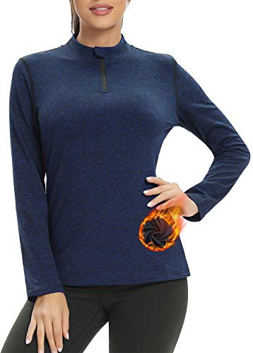 Damen Fleece Laufshirt Fleecepullover Langarm, 1/4 Reißverschlus Funktionsshirt Thermo Atmungsaktive Sportshirt Fitness Shirt Winter Warm,Blau,S