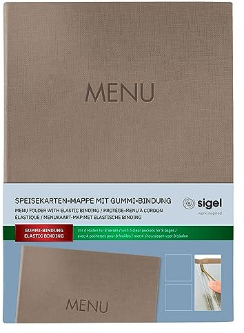 SIGEL SM210 Speisekarten-Mappe A4, Gummi-Bindung, beige mit Leinenstruktur, strapazierfähig und leicht abwischbar