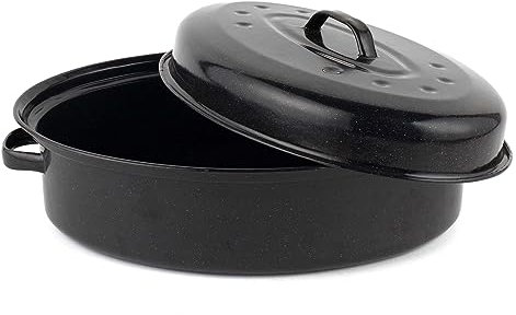 Salter BW12810EU7 Self-Basting Roaster – 36cm Vitreous Enamel Coated Steel Roasting Tin with Lid, Oval Dish, PFAS-Free, Dishwasher Safe, Oven Safe to 230°C, Easy Clean, Roast Meat/Vegetables, Black
