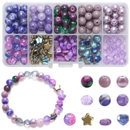 200 Pcs 8mm Perles Rondes de Verre Craquelé Assortiment des Billes de Cristal avec Trou Colorées Perles en Vrac Naturelles pour Fabrication de Bijoux DIY Bracelet Collier Boucles d'Oreilles (Violet)