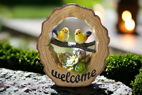 Arnusa Solar Gartenfigur Welcome Baumstamm mit Vögeln Schild Figur beleuchtet 23 x 20 cm Solarleuchte Solarlampe Gartenschild Deko für Garten