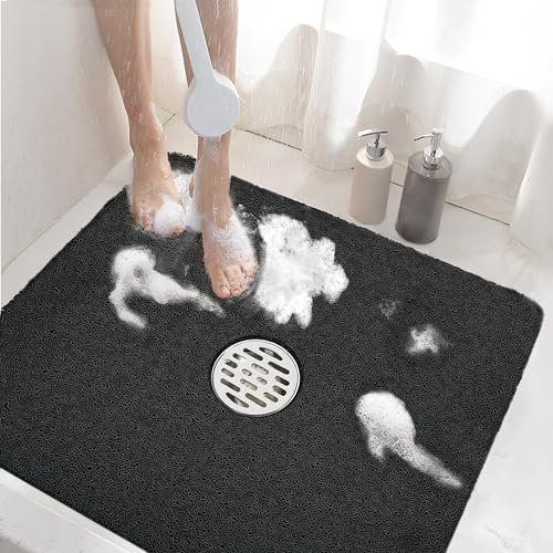 HITSLAM Duschmatte rutschfest 60 x 60cm, Weich PVC-Luffa Badewannenmatte rutschfest mit Ablauflöchern, Schnell Trocknende Antirutschmatte Badewanne, Badematte ohne Saugnäpfe, Schwarz