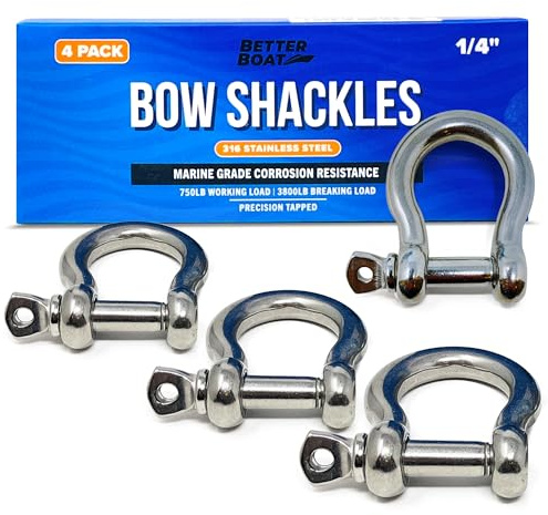 Premium Stainless Steel D-Ring Shackles, Marine Grade, 4-Pack, 1/4 Mini Bow or Clevis Anchor Shackle for Boat, Sailboat, Chain, Rigging Clasp
