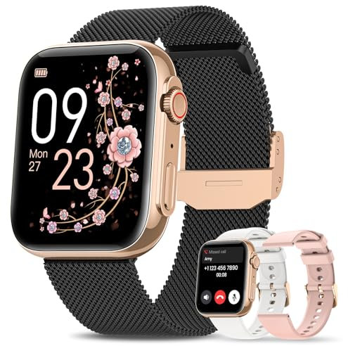 AIMIUVEI Smartwatch Damen mit Telefonfunktion 1,85 Always-On-Display, Armbanduhr mit Periodenverfolgung, 120+ Sport, Herzfrequenz, SpO2 Schlafmonitor Fitness Tracker IP68 für iOS Android Schwarz Gold