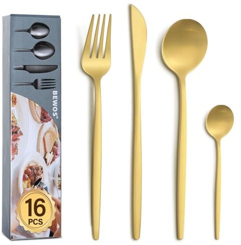 BEWOS 16 Piece Gold Cutlery Set for 4, Cutlery Includes Forks, Steak Knives and Spoons, Dishwasher Safe Tableware for Home Restaurants, Knife and Fork Sets Food-Grade Stainless Steel