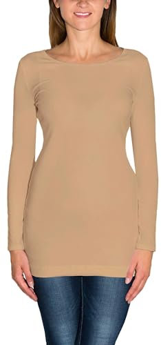 Alkato Damen Langarm Longshirt Langarmshirt Tunika Basic Shirt, Farbe: Dunkelbeige, Größe: XL