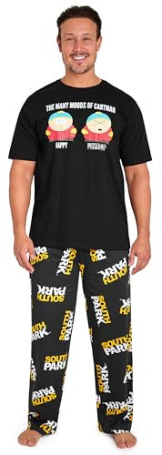 South Park Pyjama Herren Schlafanzug Set mit Shirt und Langer Hose Lustiger Bequemer Loungewear Set Geschenk für Männer (L, Schwarz/Gelb)