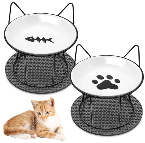 Avmvnvc Gamelle Chat - Lot de 2 Gamelle Chat Surélevée - Bols Chat Céramique avec Support en Métal Antidérapant - Gamelle pour Chat et Petits Chiens mit Tapis Antidérapant