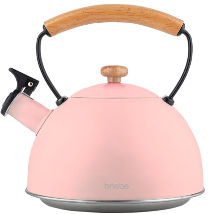 briebe Retro Tetera Inducción Silbante 2,3L, Infusiones, Hervidor de Agua Acero Inoxidable, Todo Tipo de Cocinas, Vitrocerámica, Gas, Mango Madera Tacto Frío, Diseño Vintage, Tea Pot, Rosa Pastel