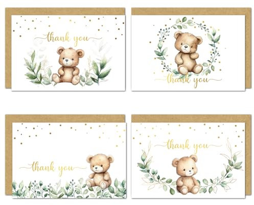 Gooji 4x6 Greenery Bear Thank You Cards with Envelopes (Bulk 20-Pack) Matching Peel-and-Seal Rustic Envelopes | Assorted Bulk, Watercolor Wildflower | Birthday Party, Baby Shower, Weddings, Greeting,