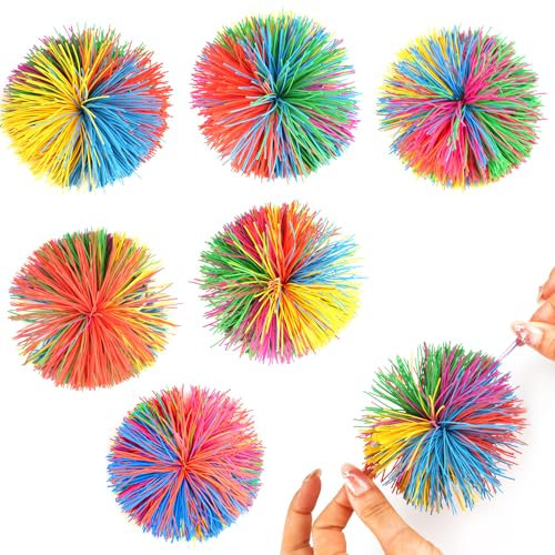 Deepton 6 Stück Farbe Stringy Balls, Wuschelbal 9cm, Sensory Fidget Balls, Mitgebsel Kindergeburtstag 6, 7, 8, 9,10 Jahre, Weiche Regenbogen Pom Bouncy Stress Ball für Familienspiele, Freundesspiele