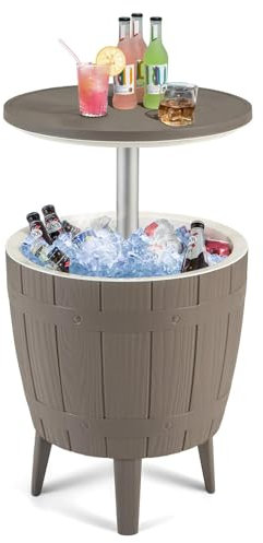 SPOTRAVEL 37L Ice Bucket Table, Height Adjustable Beer Cooler Table Drinks Storage Holder with Drain Plug, Outdoor Bar Side Cocktail Table for Garden Deck Poolside Camping Picnic Party