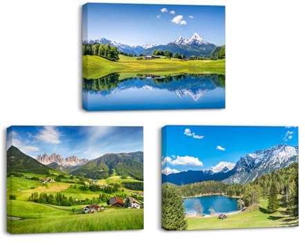 Piy Painting Leinwand Bilder Natur Landschaftsbild Bergkette, Dschungel, Seen, 3Stück Wandbilder mit Meerblick, Berge Kunstdrucke Bild auf Leinwand mit Innenrahmen für Küche Büro Wohnzimmer 40x30cm