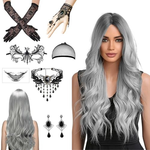 Perücke Halloween Damen, 70cm Halloween Perücke Damen, Graue Perücke Damen, Halloween Accessoires Damen mit Haarnetz, Spitze Maske und Gotisch Halskette Armbänder für Halloween Karneval Cosplay Party