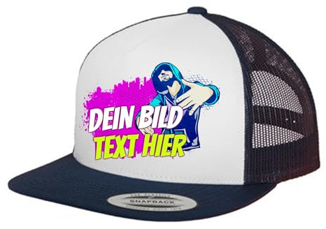 Kiwistar UG - Basecap - Navy blau weiß - Klassik Trucker - mit Wunschtext und Foto individuell personalisiert