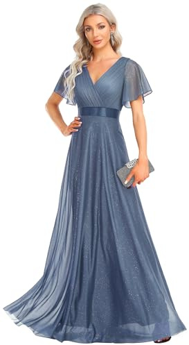 Ever-Pretty Elegant Elegant Shiny Empire Waist V Neck Pleated Tulle Long Evening Dress, Mist Blue, 10