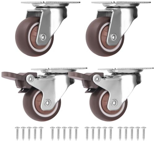 Beruyu 4er Set Schwerlastrollen Flach 50mm mit 2 Bremse, 360-Grad Möbelrollen Klein Tragkraft 270kg Lenkrollen, Vollgummi Lautlose Transportrollen, Rollen für Möbel, Palettenmöbel, Kabinett