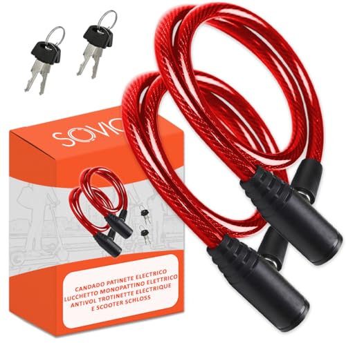 Lucchetto monopattino elettrico doppia sicurezza 2 pezzi cavo in acciaio resistente 60 cm serratura a chiave avanzata sicuro robusto pratico facile da riporre rosso