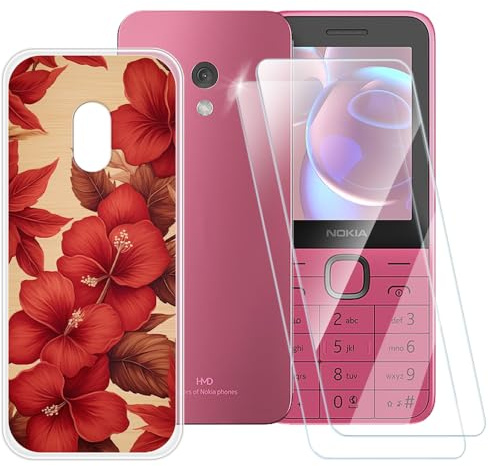 Gehärtetes Glas und Hülle für Nokia 225 4G 2024 - Blume 3 | 2.4 Bedruckte weiche Hülle und 2er-Pack Displayschutzfolie, kratzfester ultraklarer Schutzschirm