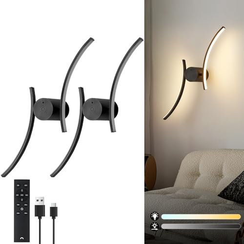 HARPER LIVING 2 Pack Battery Operated Wall Lamps, USB Rechargeable Indoor Wall Lights, Remote and Touch Control, Dimmable & 3 Colors LED Cordless Wall Light for Bedroom Living Room Bedside