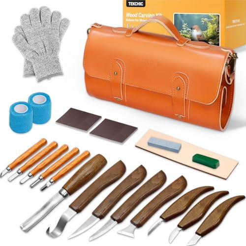 TEKCHIC Kit per intaglio in legno Deluxe, 23 attrezzi per intaglio in legno, set di coltelli da whittling, set di coltelli da intaglio per principianti, coltello da intaglio in legno con grande