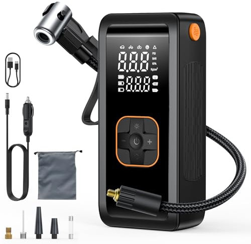 BKXCHA Compresseur à Air Portatif, 150 psi Gonfleur Pneus Voiture, Compresseur D'air électrique Rechargeable par USB-C, Avec Lumière LED Pour Vélos, Voiture, Moto, Ballon