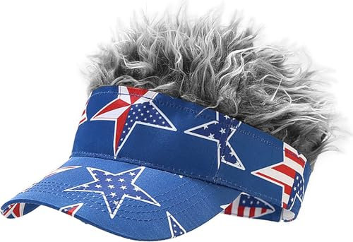 YeeHeen Mens Visor Cap Wig Spiked Adjustable Baseball Cap Golf Hats American Flag + Grey Hair B