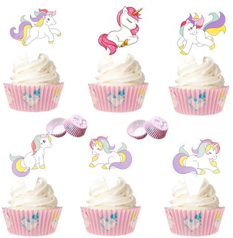 Gleevio Tortendeko Einhorn Muffin Deko,24 Stück Unicorn Cupcake Deko,100 Stück Einhorn Muffinförmchen Papier Ø 5 cm,Cupcake Förmchen Kindergeburtstag,Tortendeko Mädchen,Unicorn Kuchendeko Geburtstag