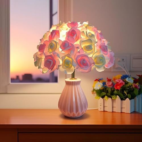 XINYASEE Lampada da tavolo a forma di fiore-Lampada da lettura a LED E27-Luce notturna-Lampada da comodino carina-Lampada decorativa per soggiorno,camera da letto,hotel (Bianco rosa)