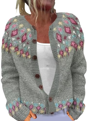 Sweaters for Women UK Petite, Fair Isle Nordic Patterned Sweater Long Sleeve Crew Neck Cardigan Jacket for Autumn and Winter,Plus Size Coat for Women