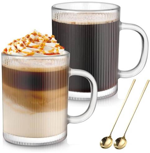 Anhow Glass Coffee Mugs Set of 2, 350ml Classic Stripe Latte Glasses with Handle, Borosilicate Temperature Resistant Glass Coffee Cups for Cappuccino, Macchiato, Tea, Milk, Juice, Cold & Hot Beverages