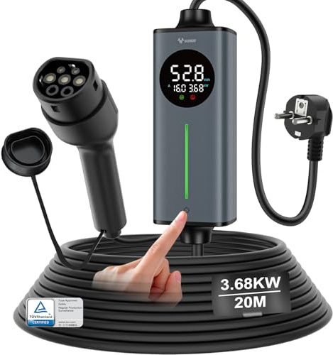 GONEO Cavo Ricarica Auto elettrica Tipo 2 Schuko 16A 3,68kw monofase 20M | sensore di Temperatura e rilevamento Terra,Protezione CA 30mA + CC 6mA | Tempo e Corrente Regolabili,Caricatore Domestico VE