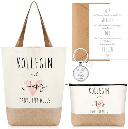 Xuniea 5er Set Abschiedsgeschenk für Kollegen Jobwechsel Rentner Geschenk | Jutebeutel Kollegin mit Herz, Schlüsselanhänger, Kosmetiktasche, Dankeskarte mit Umschlag, Dankeschön für Ruhestand Freunde
