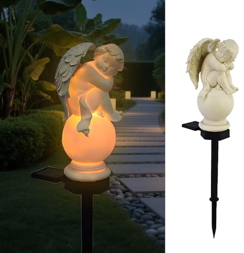 SKIKHN Engel Solar Leuchte, Engel für Grab Wetterfest, 48cm Grabengel Wetterfest mit Erdspieß, Schlafende Schutzengel-Figur, für Außen Gartenfigur Deko, Lawn, Path, Balkon, Terrassendekoration
