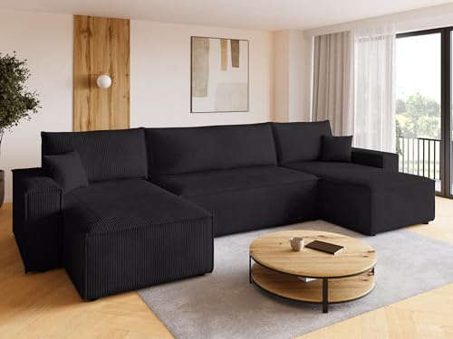 BROMARKT Ecksofa mit Schlaffunktion Cord Schwarz Wohnlandschaft u Form Big Sofa Schlafsofa mit Bettkasten Schlafcouch Wohnzimmer Couch 5 sitzer 312x143x85 cm ADI
