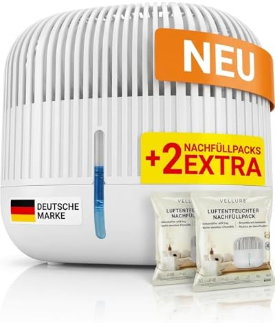 Vellure® Design Luftentfeuchter ohne Strom + 2x 600g Nachfüllpacks - Raumentfeuchter für Bad, Keller uvm. bis 25m² + 2x Luftentfeuchter Granulat Fachhandel Qualität