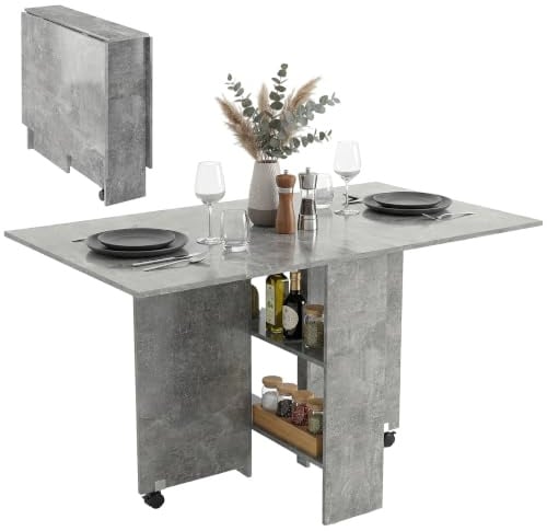 HOMCOM Mesa de comedor plegable, mesa de cocina abatible con ruedas de freno, para 4-6 personas, escritorio plegable con estantes, para salón, 140 x 80 x 74 cm, gris cemento