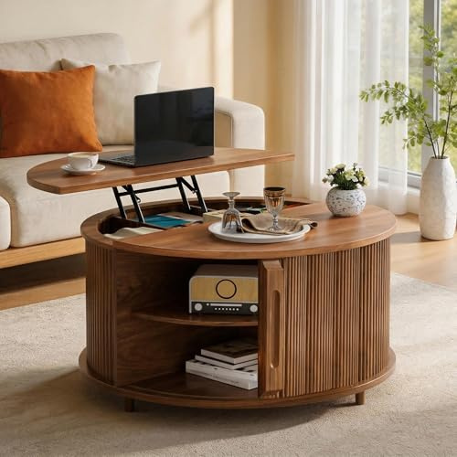 Gryalzes Lift Top Coffee Table,80cm Fluted Wood Center Table,4-in-1 Modern Wood Circle Table with Hidden Storage and Open Shelves,Sliding Door,for Living Room/Reception,Walnut