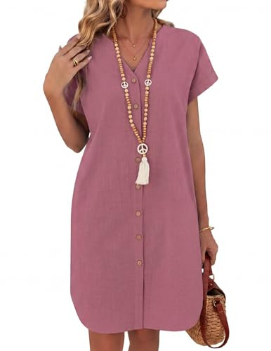 Zeagoo Vestiti Estivo Donna Manica Corta Camicia Abito in Cotone Corto Scollo a V Vestito con Tasche Casual Tinta Unita Abiti da Spiaggia Rosa Viola M